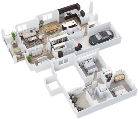 a 3d floor plan of a house with a garage and a balcony